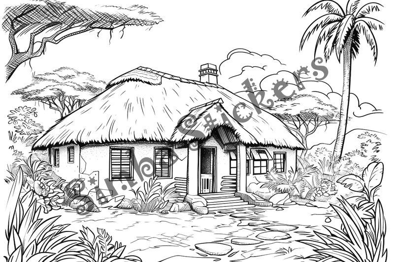 Colouring pages, bundle of houses, African thatched, 10 images