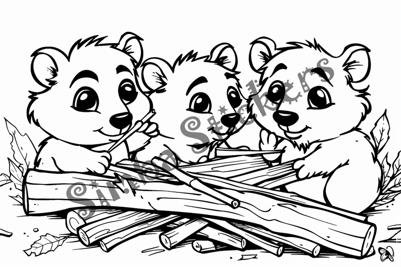 Colouring pages, bundle of beavers building beaver dam, 10 images