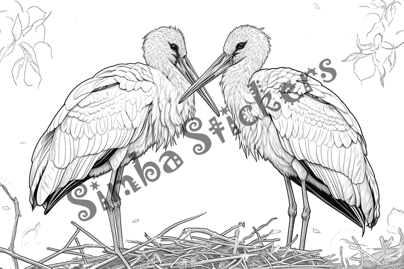 Colouring pages, bundle of marabou storks in love, 10 images