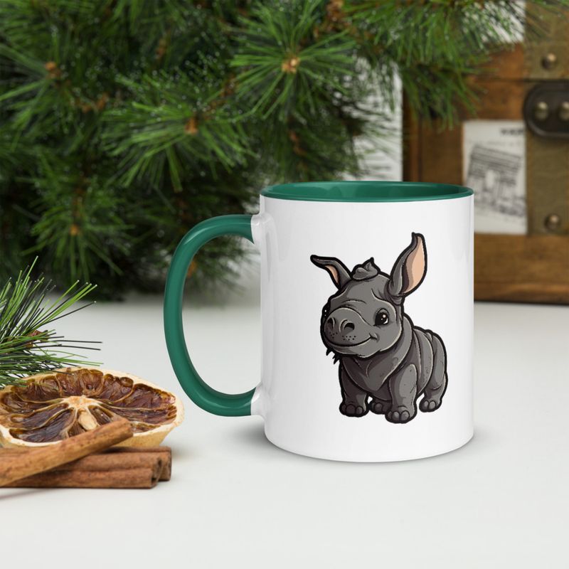White Ceramic Mug with Color Inside, 11oz &amp; 15oz, Black rhino calf looking cute 