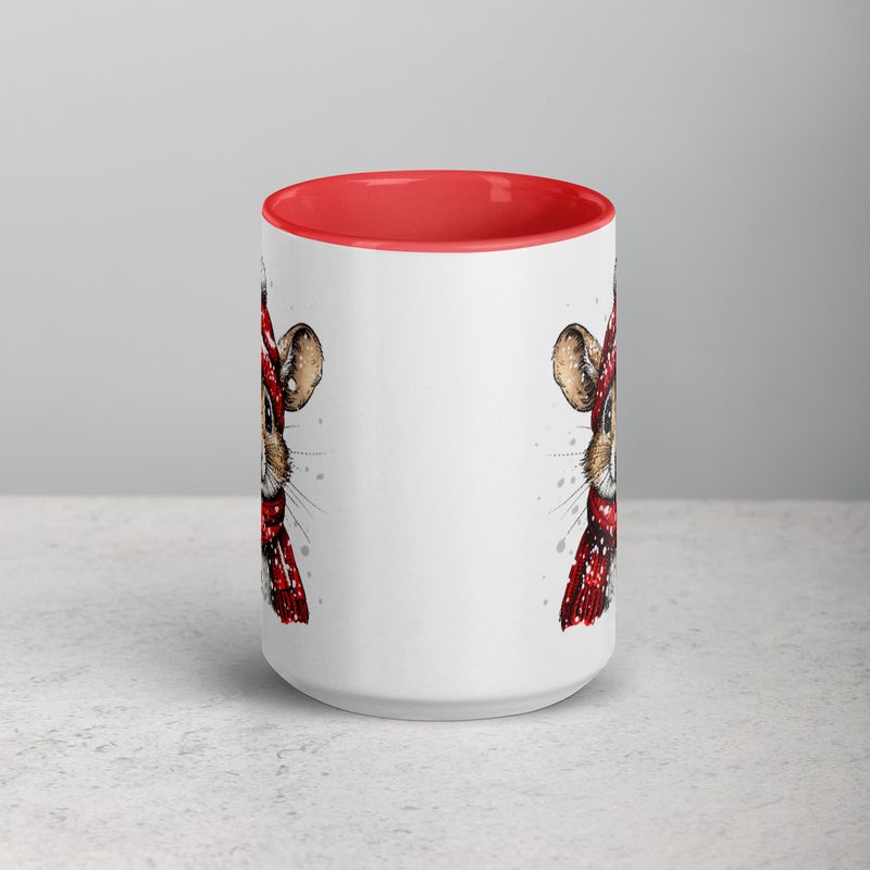 White Ceramic Mug with Color Inside, 11&amp;15oz, Mouse wearing red winter hat and scarf in snow, xg8dl3