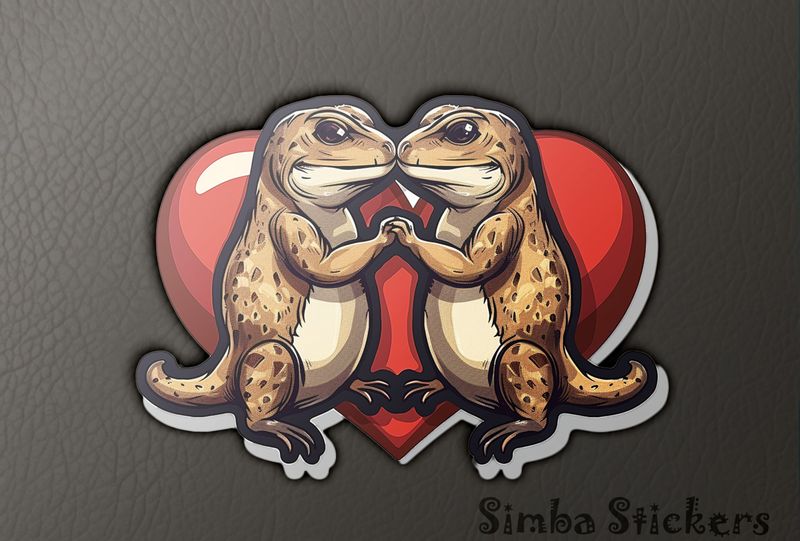 Llizards holding hands nose-to-nose in front of Valentine&#x27;s heart