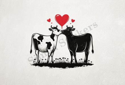 Cattle, bull and cow in love, hearts in picture, outline art