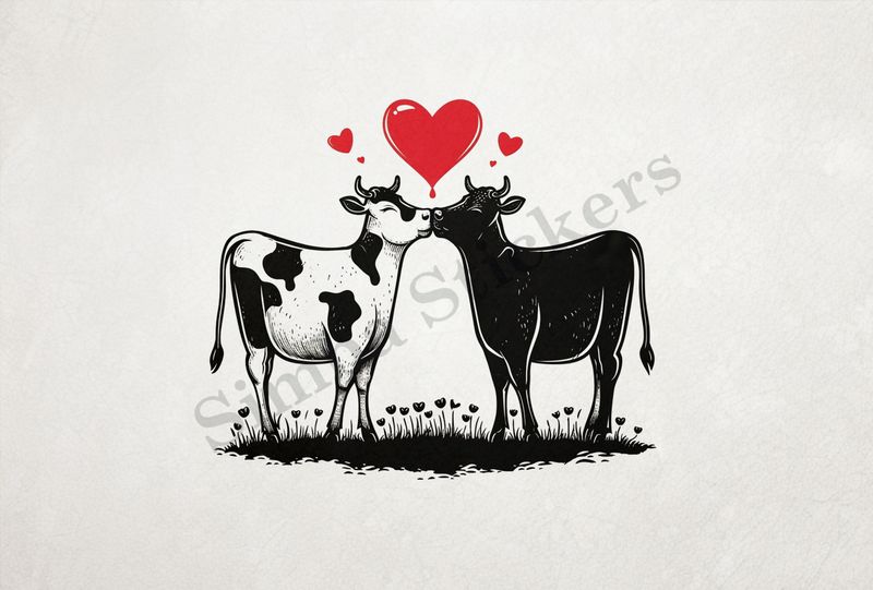 Cattle, bull and cow in love, hearts in picture, outline art