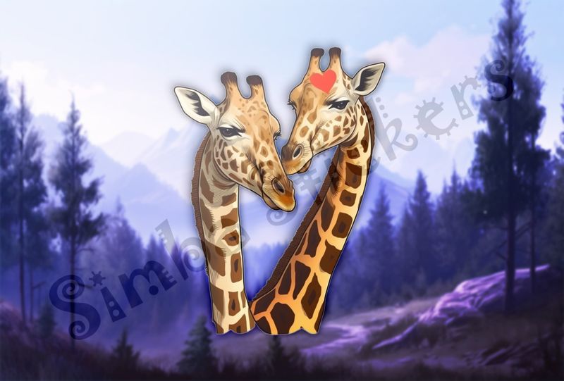 Giraffes in love in the Savanna, with Valentine&#x27;s heart on forehead