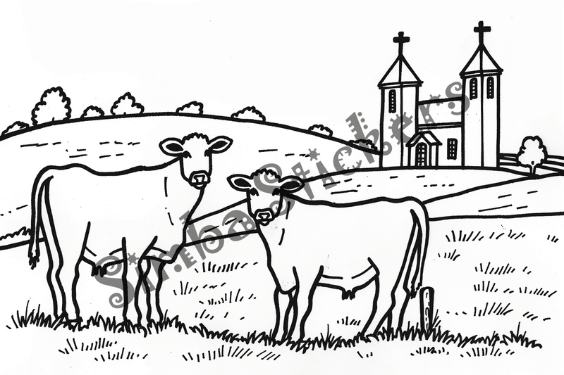 Colouring pages, bundle of cattle on beautiful farm, 10 images