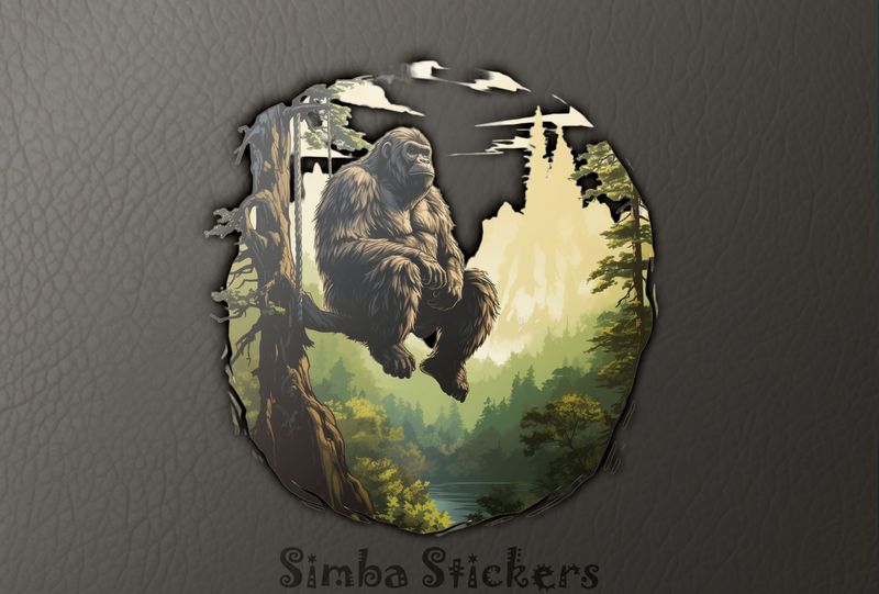 Gorilla thoughtfully sitting on a branch overlooking a lake, kcr3gw
