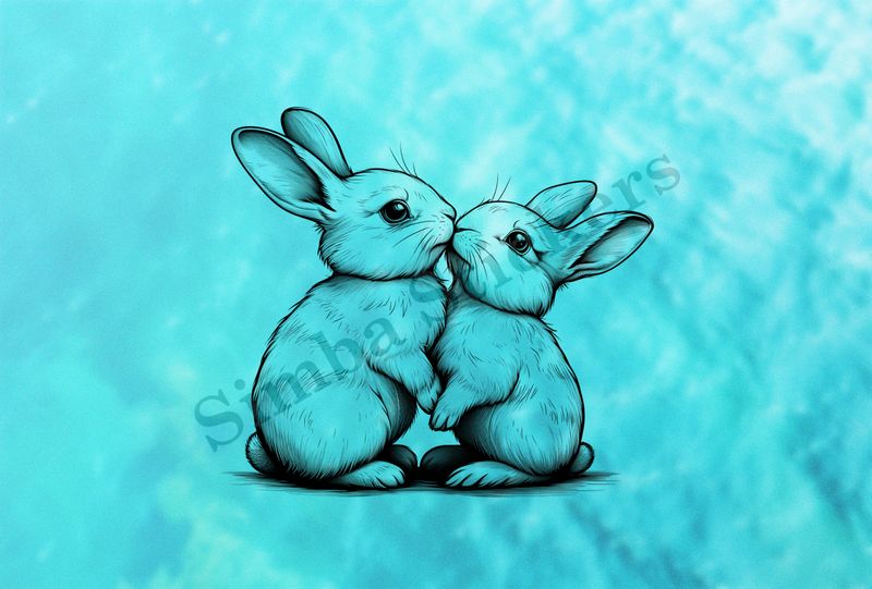 Bunnies nose-to-nose  in love, outline art