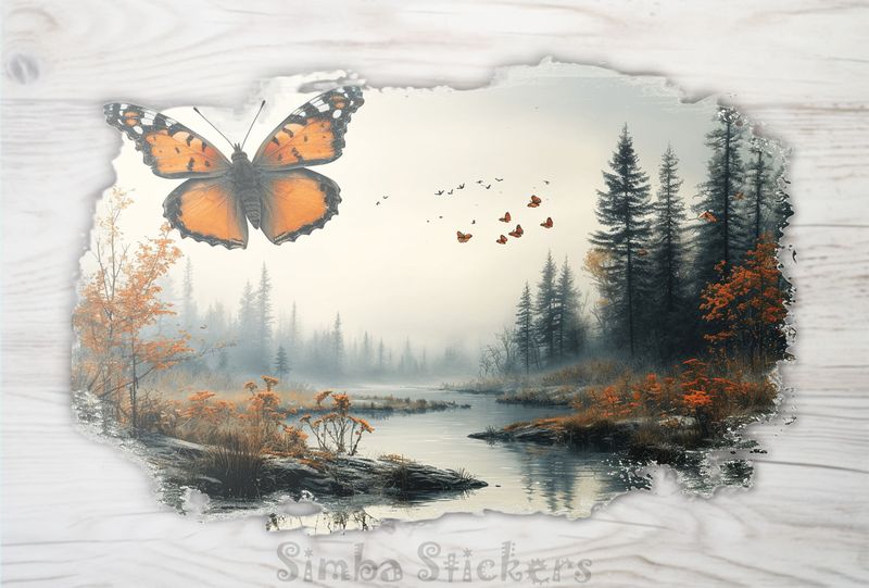 Butterfliy floating above a river, vintage, h4h6qc