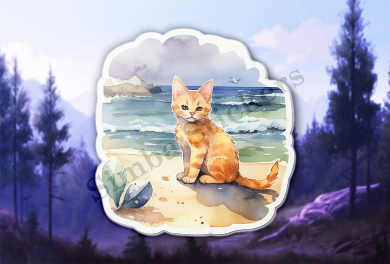 Cat on the beach, watercolour