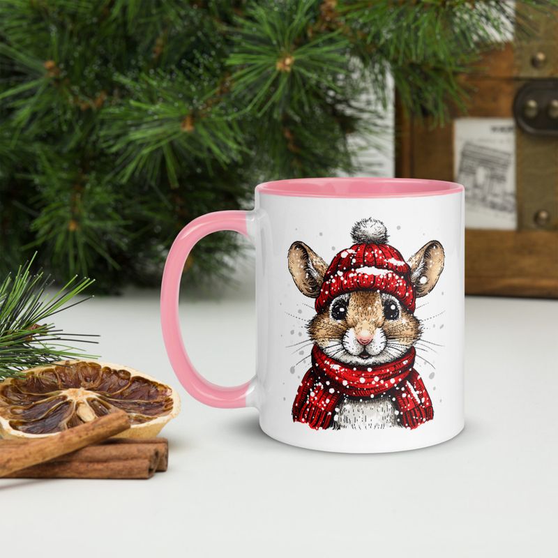 White Ceramic Mug with Color Inside, 11&amp;15oz, Mouse wearing red winter hat and scarf in snow, xg8dl3