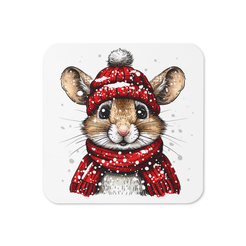 Cork-Back Coaster, Mouse wearing red winter hat and scarf in the snow, xg8dl3, mirrored