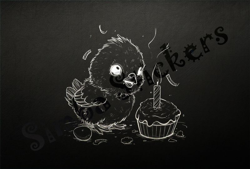 Chick blowing out a birthday candle on a cupcake, outline art
