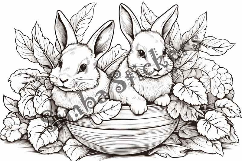 Colouring pages, bundle of rabbits in leaves or flowers, 10 images