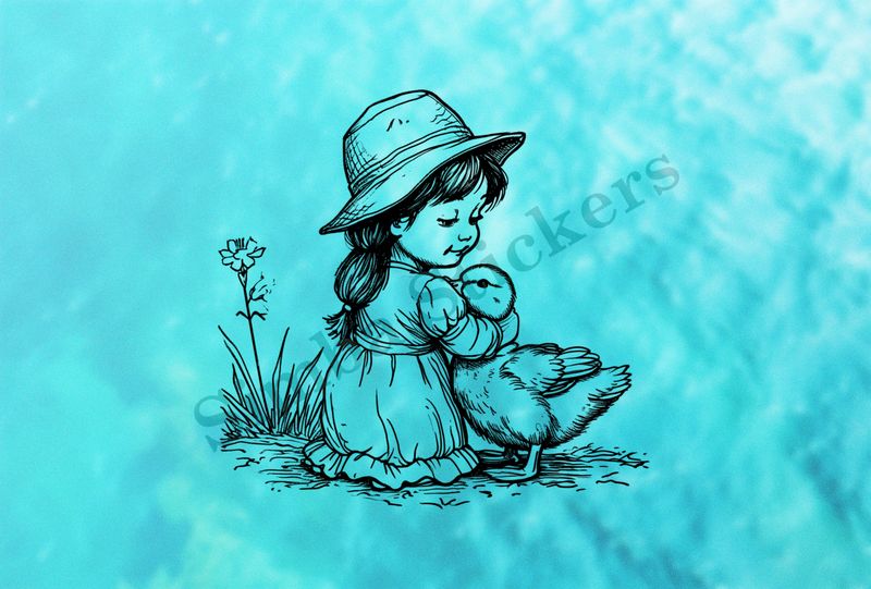 Duck embraced by small girl wearing cute hat, outline art
