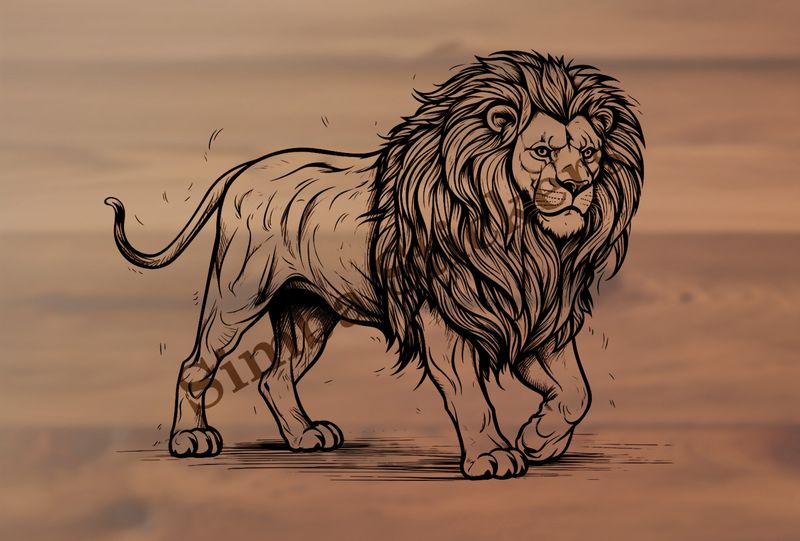 Lion walking majestically, outline art