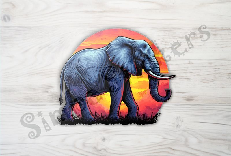 Elephant walking in front of sunset, watercolour