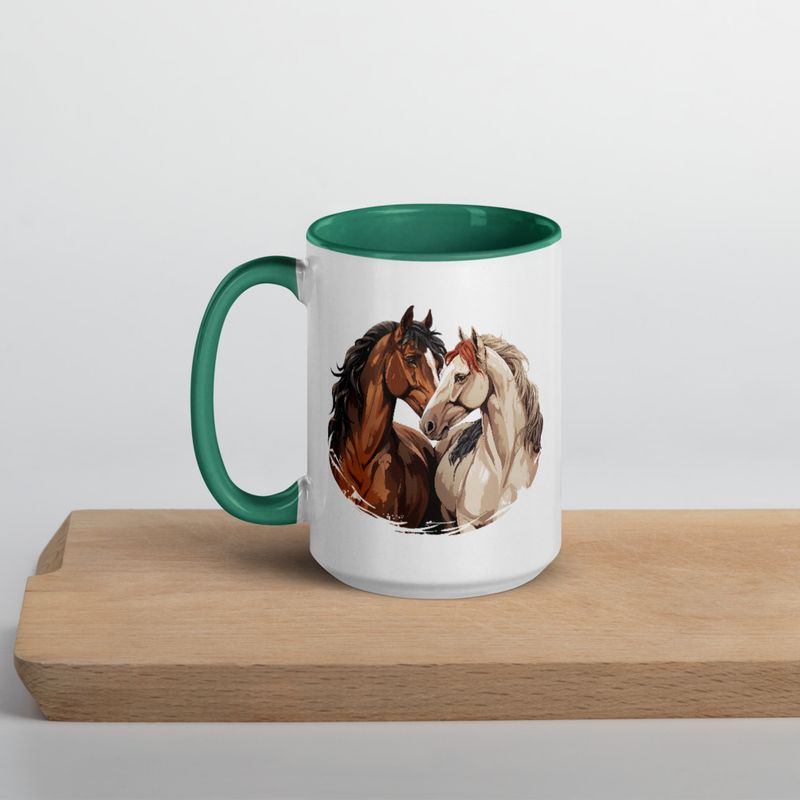 White Ceramic Mug with Color Inside, 11&amp;15oz, Horses nose-to-nose, jbgjpy