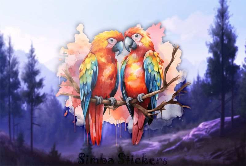 Parrots in love perching nose-to-nose in pinkish background, watercolour, cpi3i9