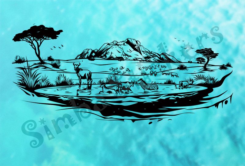 African Savanna landscape, animals at pond, outline art