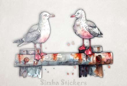 Seagulls perching on a wooden fence, watercolour, mvvdtf