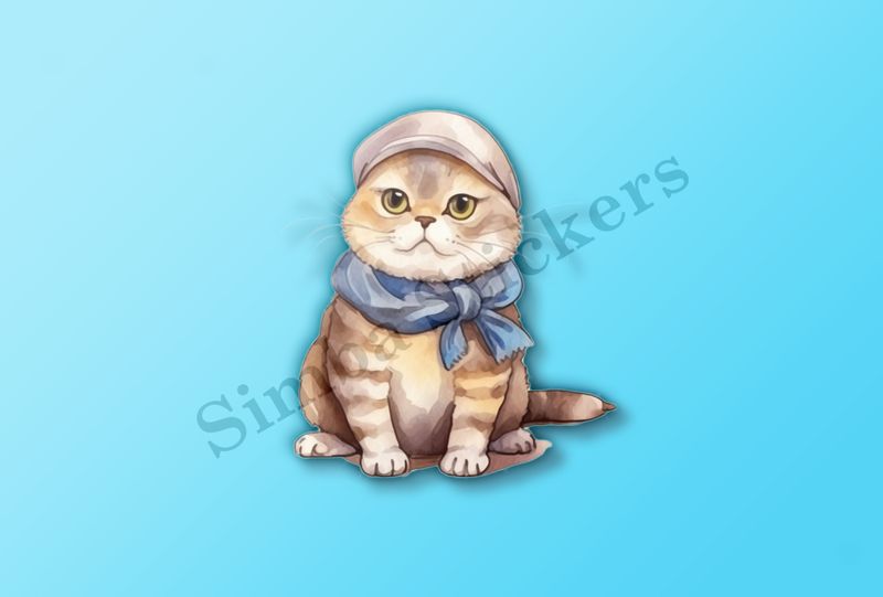 Scottish Fold cat with scarf, watercolour