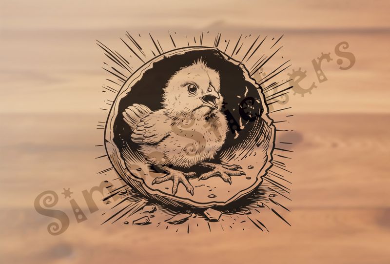 Chick still inside half-open shell, light behind shell, outline art