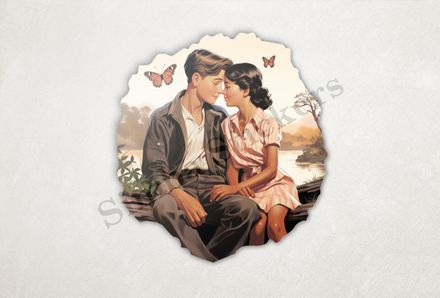 Young man and woman holding hands sitting on a log, vintage