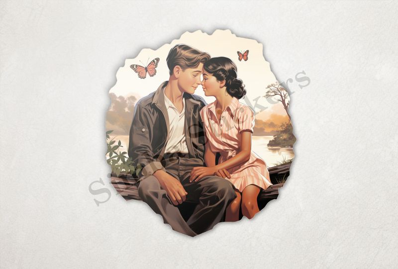 Young man and woman holding hands sitting on a log, vintage