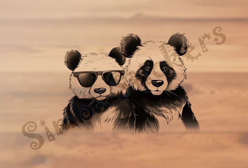 Two cool panda bear, one in sunglasses, outline art, bmygoc