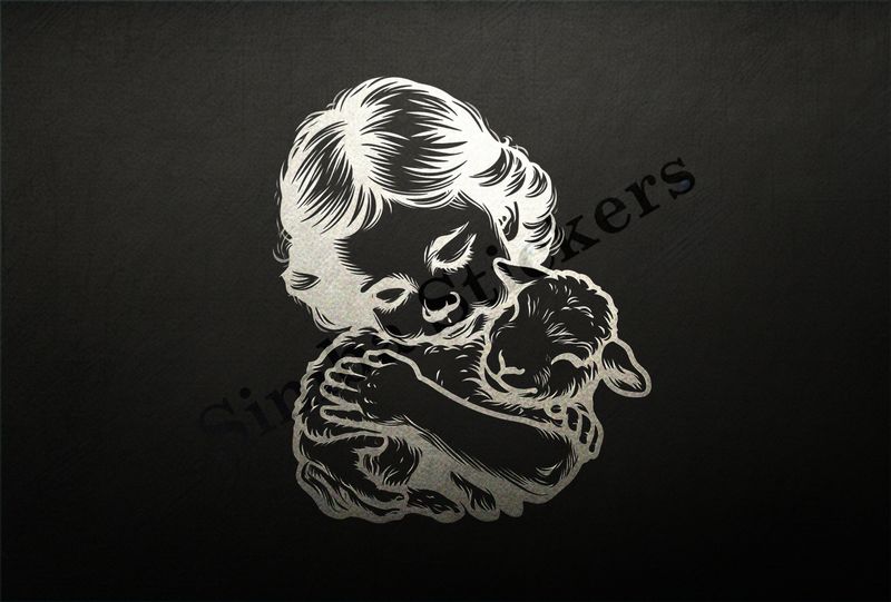 Lamb hugged by small Mediterranean girl , outline art
