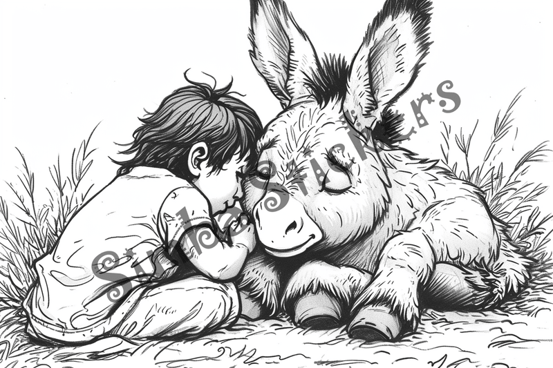 Colouring pages, bundle of donkeys with children, 10 images
