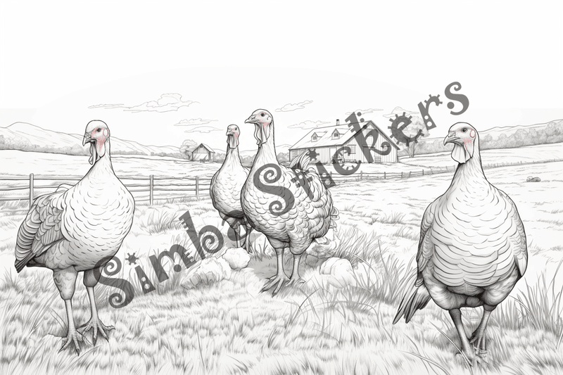 Colouring pages, bundle of turkeys on a farm, 25 images