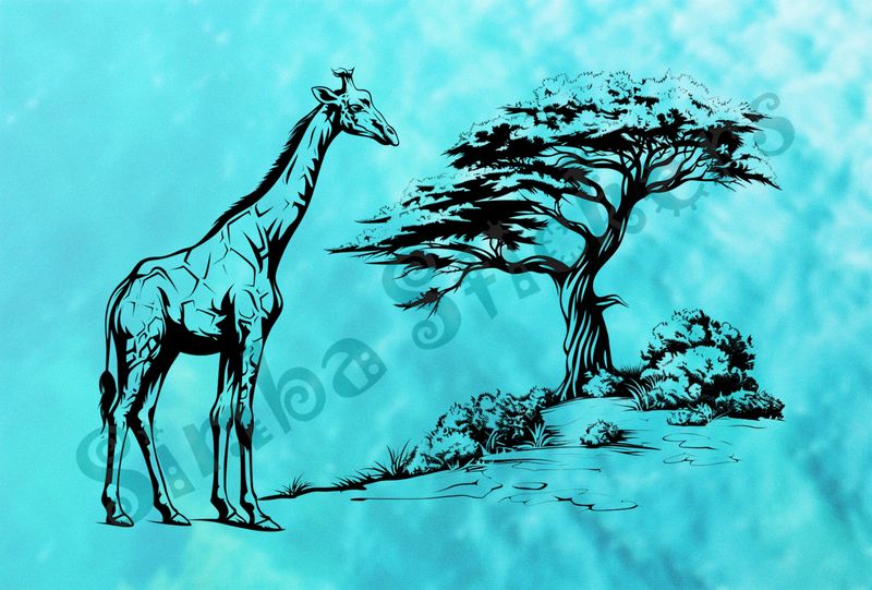 Giraffe heading towards a tree in the Savanna, outline art