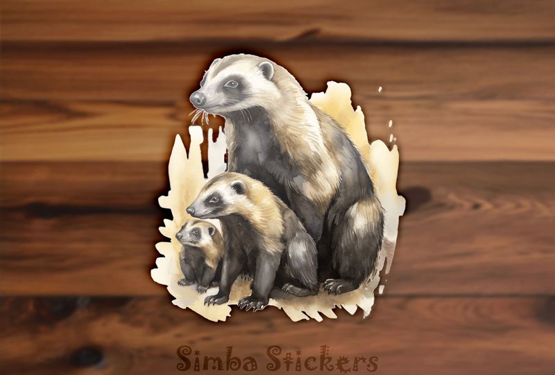 Honey Badger mother with children, watercolour, feslsk