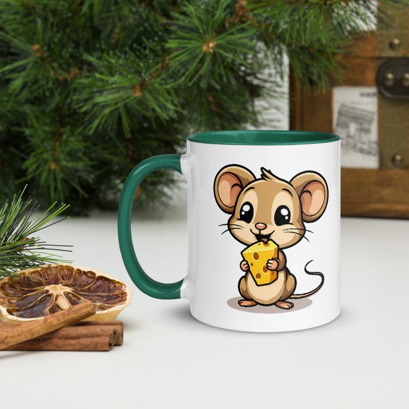 White Ceramic Mug with Color Inside,11&amp;15oz,Small Mouse happily licking large chunk of cheese,pqapy6
