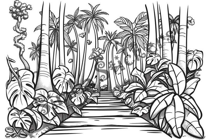 Colouring pages, bundle of Equatorial Rainforest landscape, 25 images