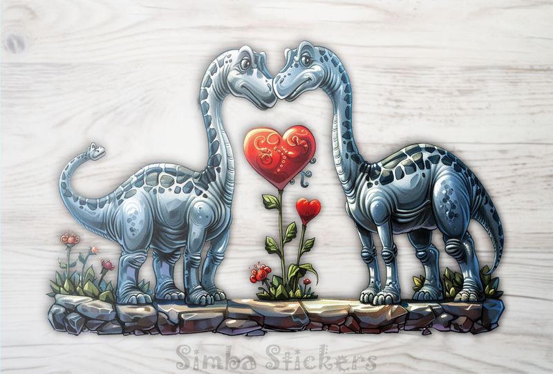 Dinosaurs in love, large Valentin&#x27;es heart , watercolour