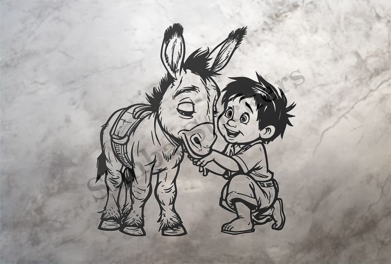 Donkey child pat on the chin by a small boy, outline art