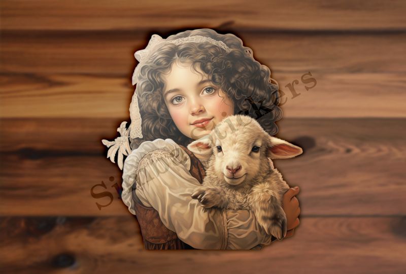 Cute lamb in the arms of Mediterranean girl with laced hair, vintage