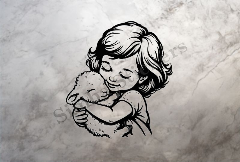 Small lamb cheek-to-cheek in amrs of little girl , outline art