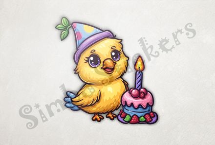 Chick in birthday party hat with candle on a birhday cupcake