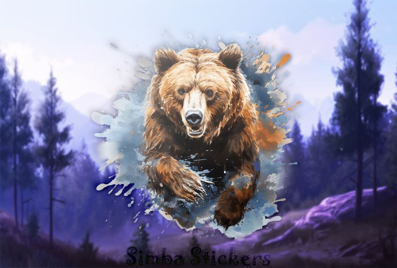 Bear charging and panting, splashing watercolour, aejqf2