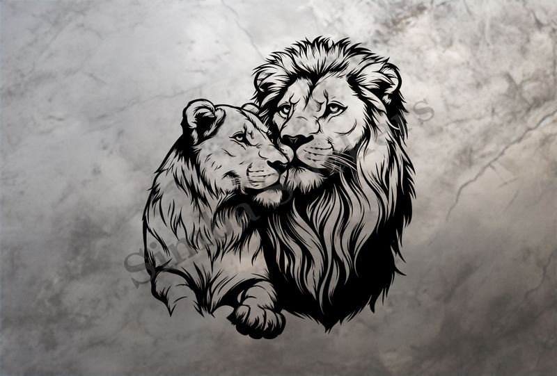 Affectionate lioness leaning into lion, cuddling, outline art