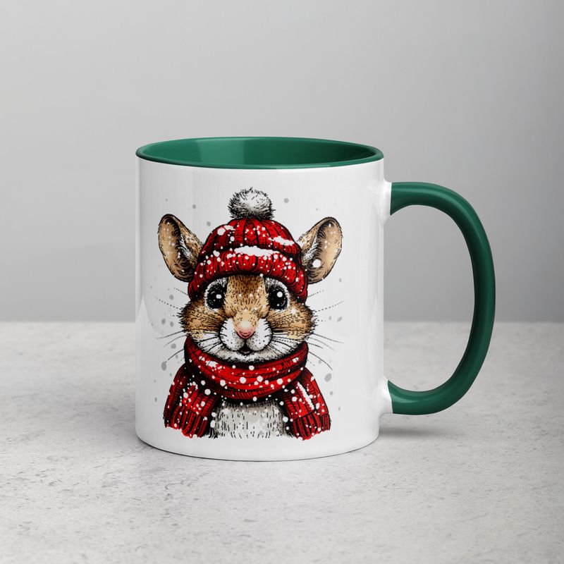 White Ceramic Mug with Color Inside, 11&amp;15oz, Mouse wearing red winter hat and scarf in snow, xg8dl3