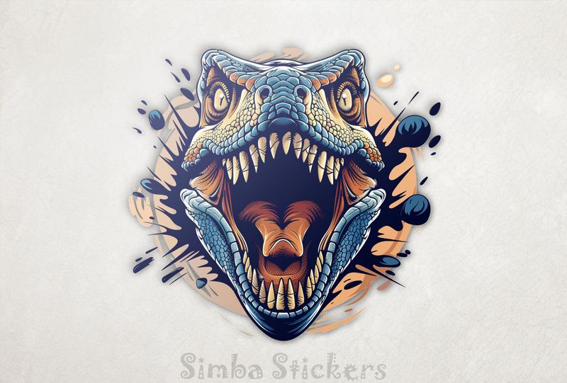 Dinosaur with blue skin roaring head-on