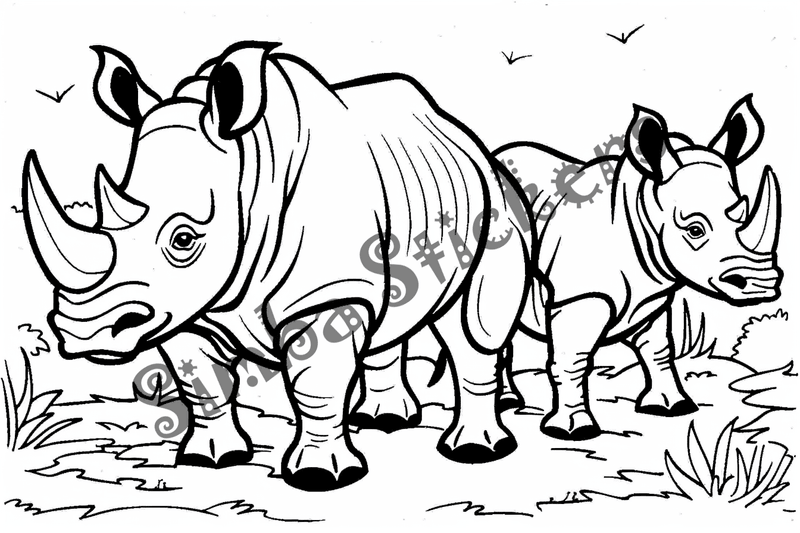 Colouring pages, bundle of rhino families, 10 images