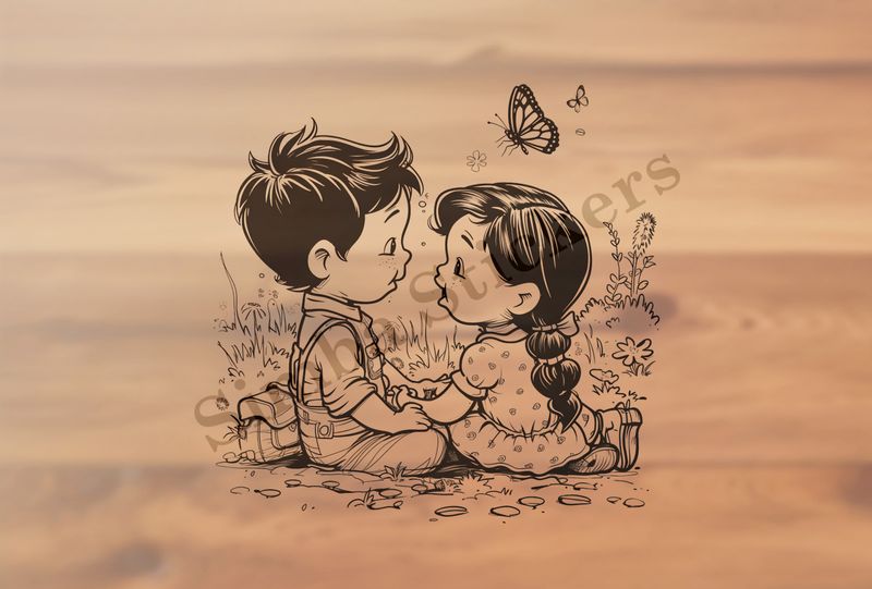 Boy and girl sitting holding hands, outline art