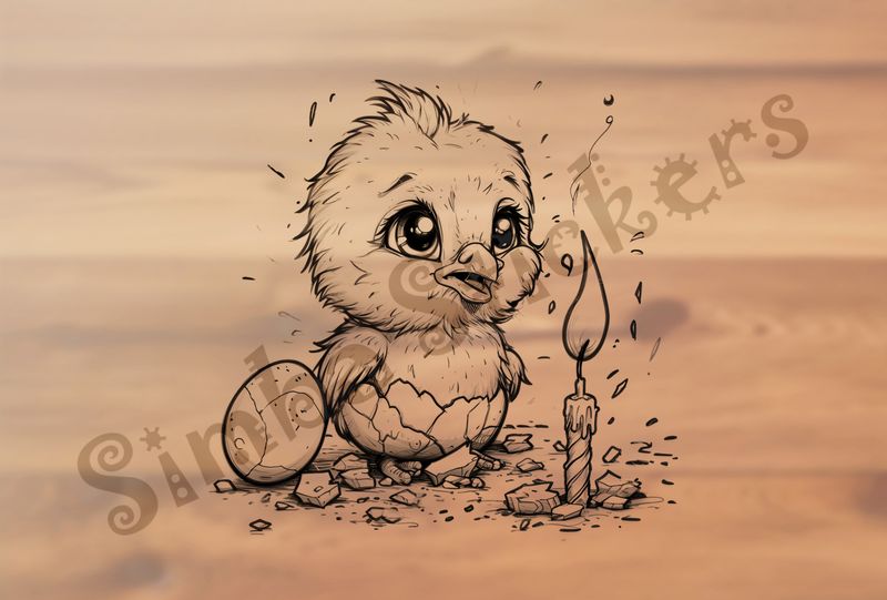 Chick singing by birthday candle, beside small egg, outline art