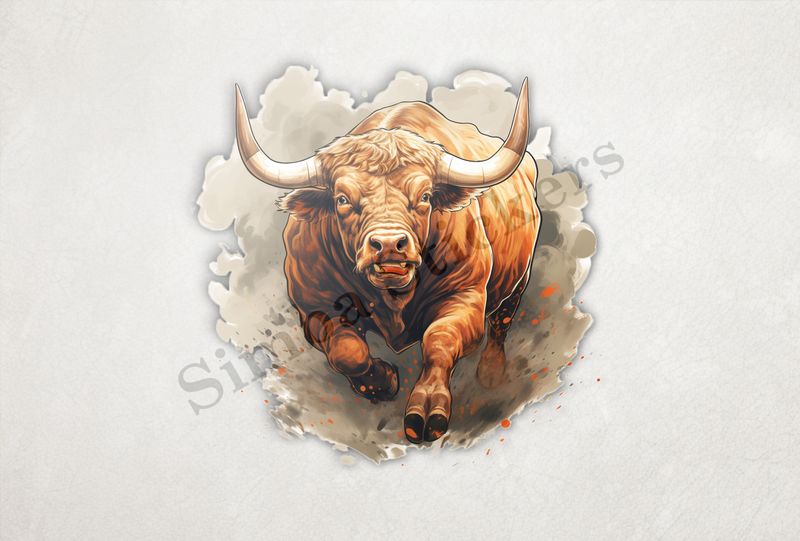 Bull running, oil painting